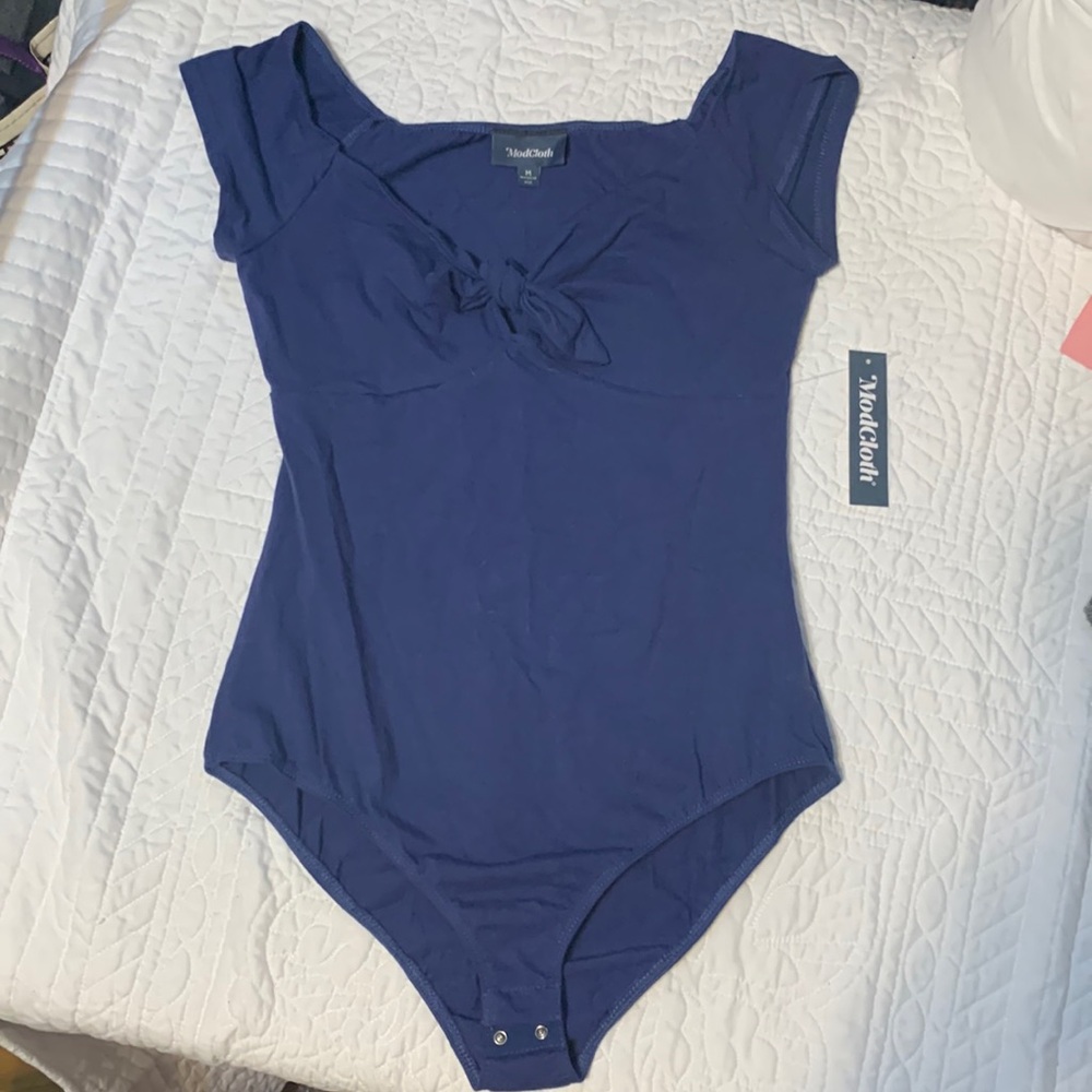 Medium ModCloth Navy Bodysuit with Cap Sleeves and Tie Front — NEW